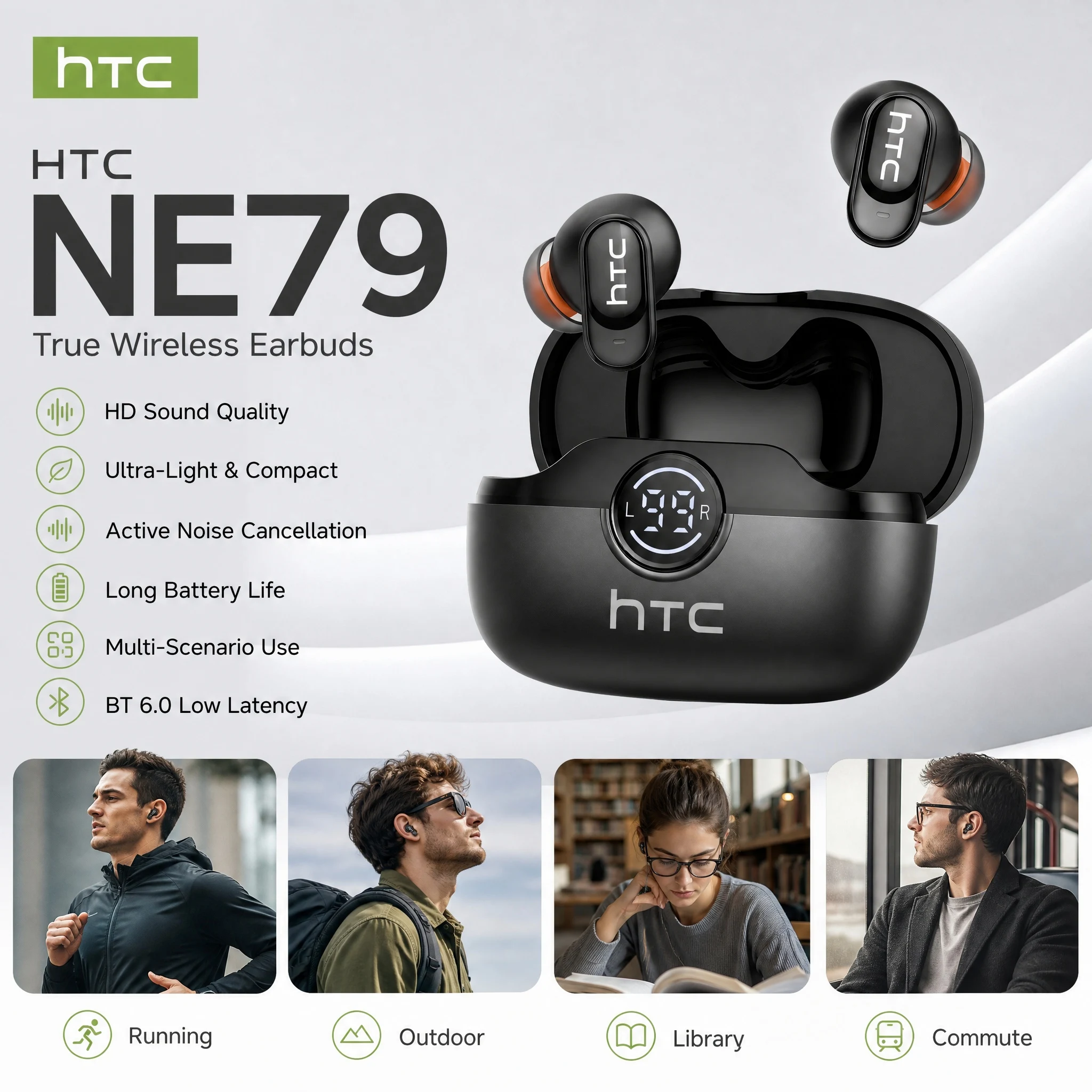 Фото Bluetooth-наушники HTC NE79, спортивные игровые беспроводные наушники с длительным временем автономной работы, комфортные беспроводные наушники, премиум-качество звука, мягкие наушники-вкладыши №2