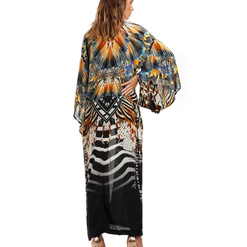 

TEELYNN 2022 Bikini Boho Beach Cover-ups Retro Print Women Summer Kimono Dress Swimsuit Female Tunic Robe Beachwear Vestidos