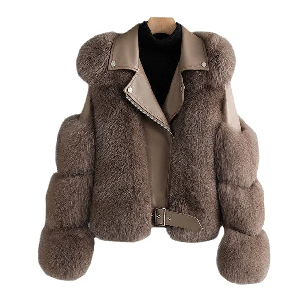 Wholesale Women's Clothing Faux Fur Women's 2022 Faux Fox Hair Motorcycle Coat Autumn  Winter Young Coat Turn-down Collar Top