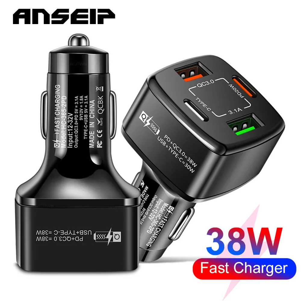 

ANSEIP 4 Ports USB Car Charger 38W QC3.0 6A Usb Type c Fast Charging For iPhone Xiaomi Huawei Mobile Phone Charge Adapter in Car