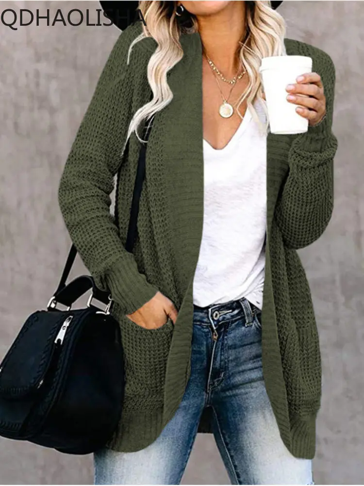 

Осенне-зимнее Новое Элегантное женское платье для работы, женский свитер с большими карманами и изогнутым спереди, белый кардиган, розовый кардиган