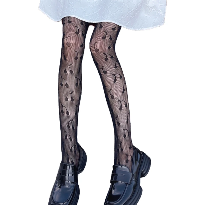 

Women Gothic Fishnet Pantyhose Japanese Lolita Style Cherry Jacquard Patterned Hollow Out Mesh Tights Sexy Stockings