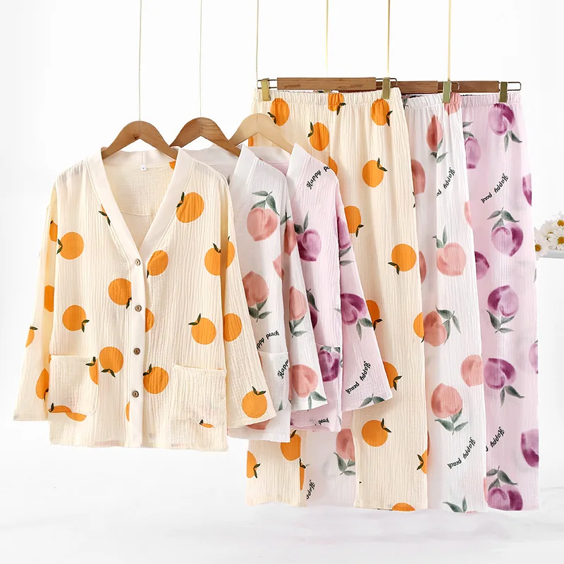 

V-neck Spring And Autumn New Ladies Pajamas 100% Cotton Long-Sleeved Home Wear Comfortable Loose Summer Thin Sleepwear Women