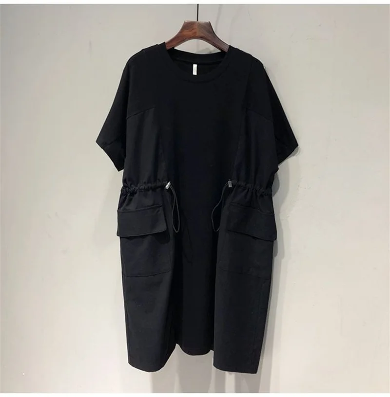 Женское платье с двойным шнурком на талии свободное коротким рукавом двойная