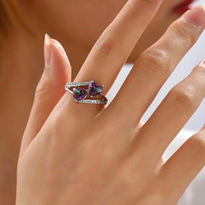 

Ailodo Rainbow Color Cubic Zirconia Heart Rings For Women Romantic Party Wedding Female Finger Rings Fashion Jewelry Girls Gift