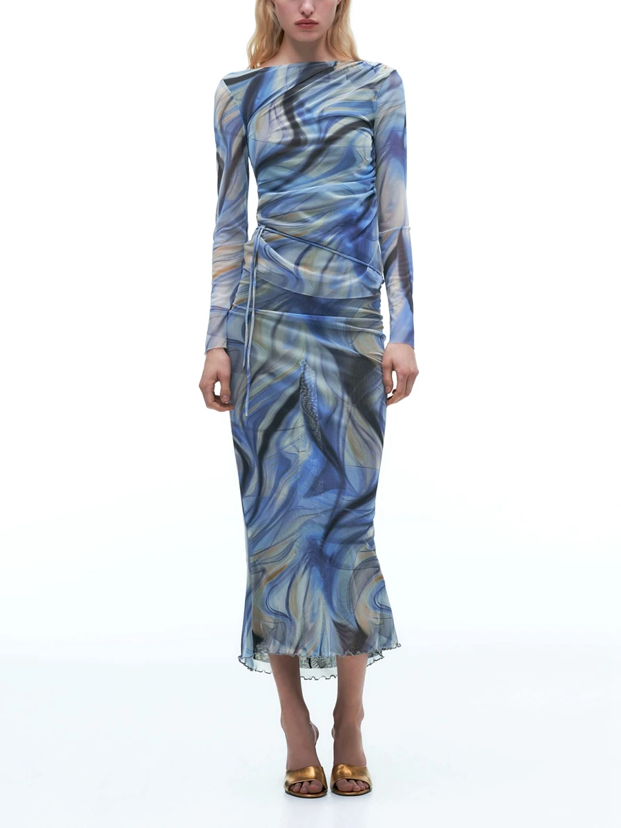 

Fashion Tie Dye Dress Set Women Fall Skirts Outfits Irregular Print Mesh Long Sleeve T-Shirts Tops Tie-Up Skirts 2 Pieces Set