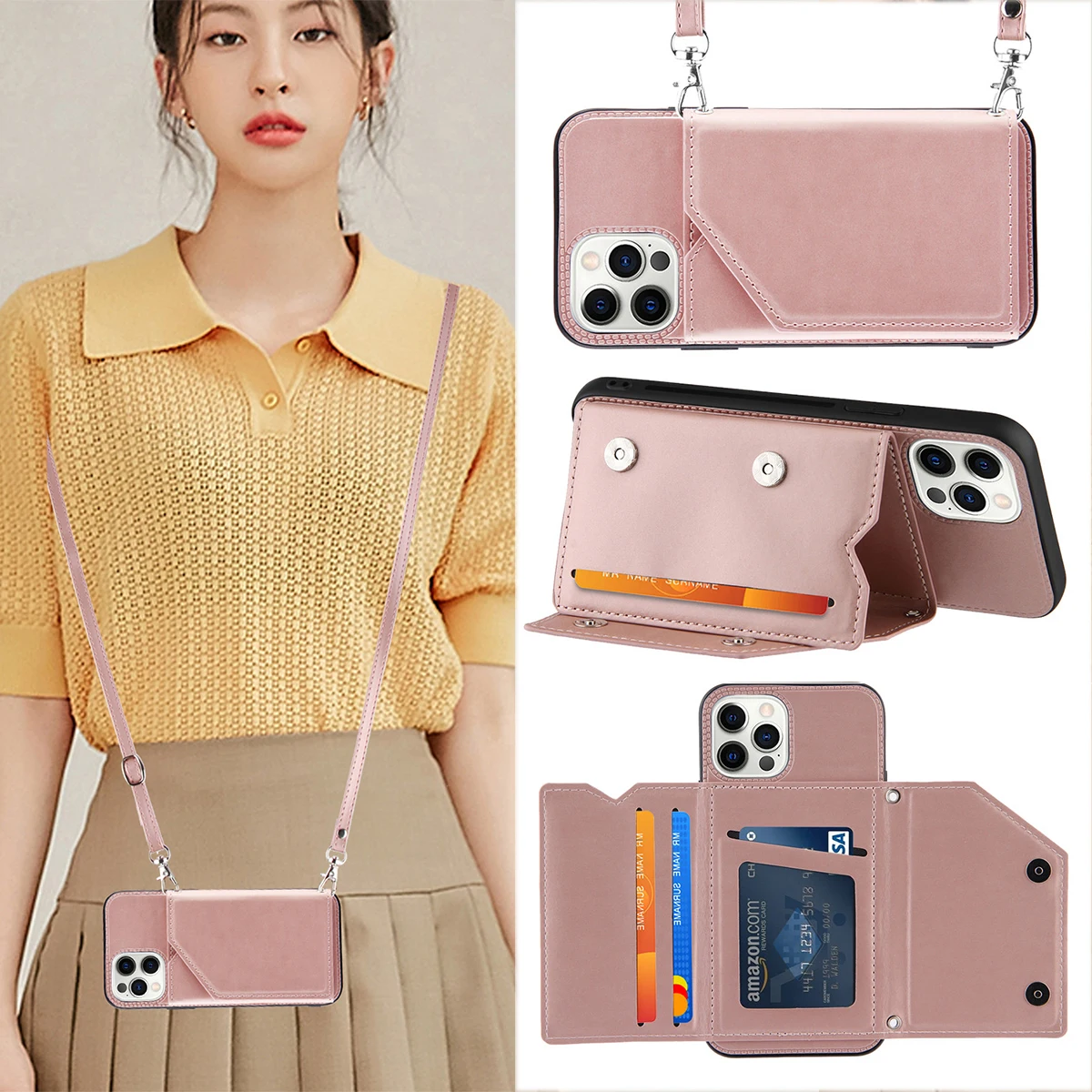 

Wallet Purse for IPhone 14 13 Pro Max Mini 2 11 X XS XR 7 8 Plus Crossbody Case with Card Holder Women Lanyard Strap Leather