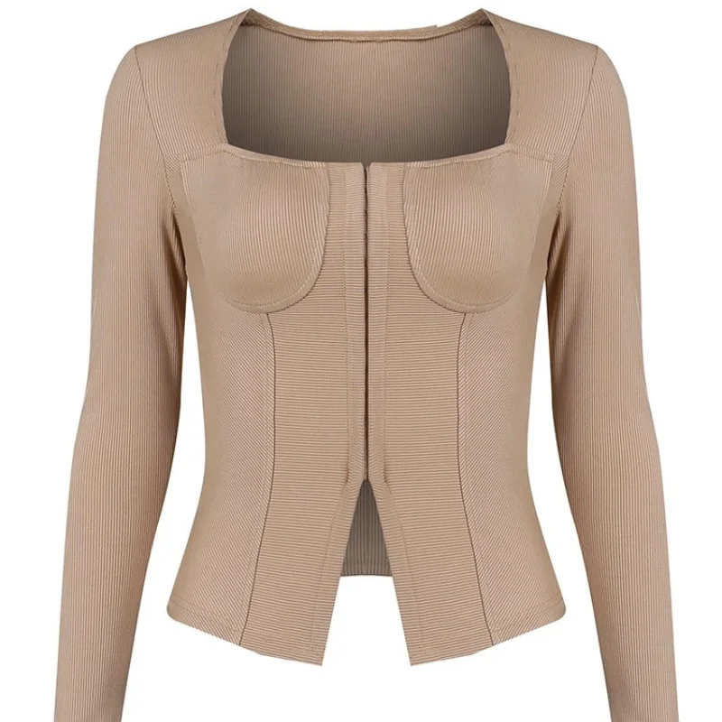 

Женская футболка на молнии, Повседневная футболка с квадратным вырезом и длинным рукавом, весна 2022