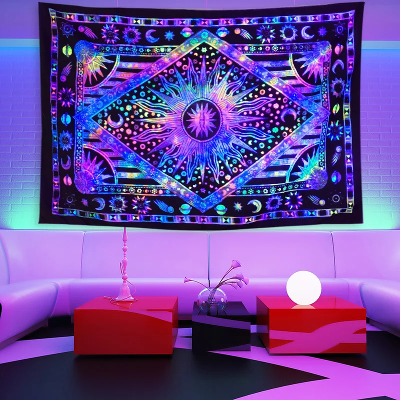 

Blacklight Tapestry Psychedelic Sun and Moon Wall Hanging Decor UV Reactive Glow In The Dark Mandala Fluorescent Home Decoration