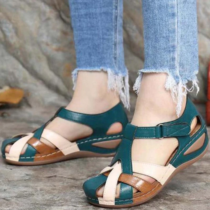 

Colorblock Wedges Sandals Roman Summer Female Round Head Hollow Out Breathable Soft Bottom Beach Shoes Sandalias Romanas Mujer