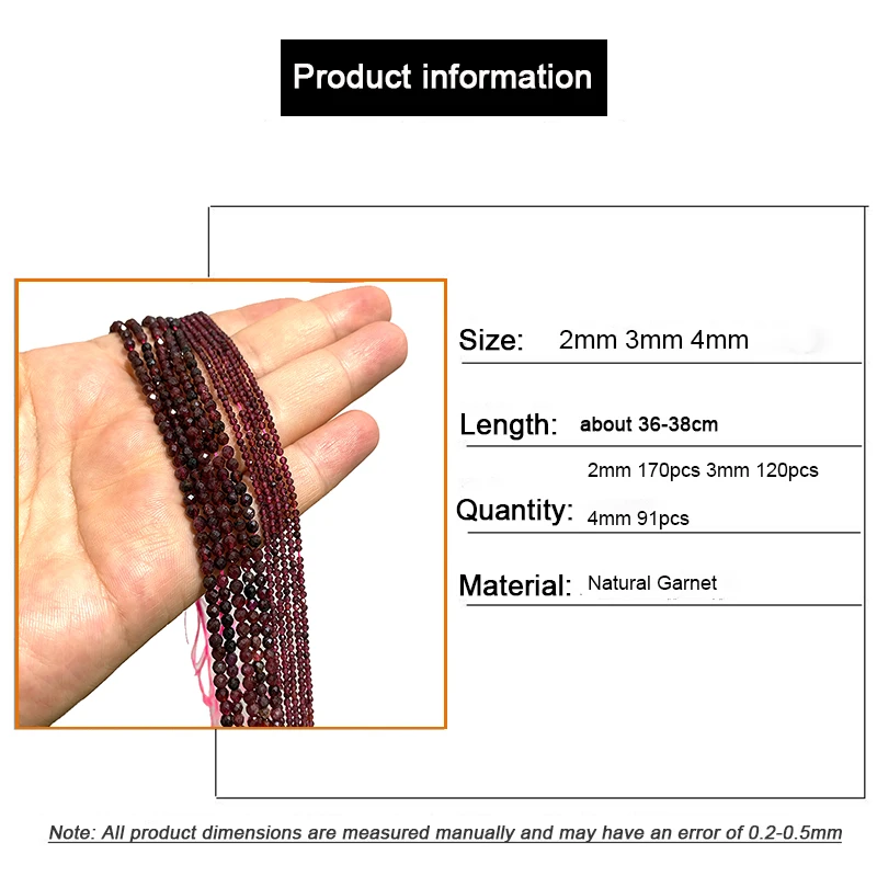 Natural Red Garnet Stone Beads 2 3 4mm Faceted Loose Round Gemstone For Jewelry Making DIY Bracelet Earrings Accessories 15''