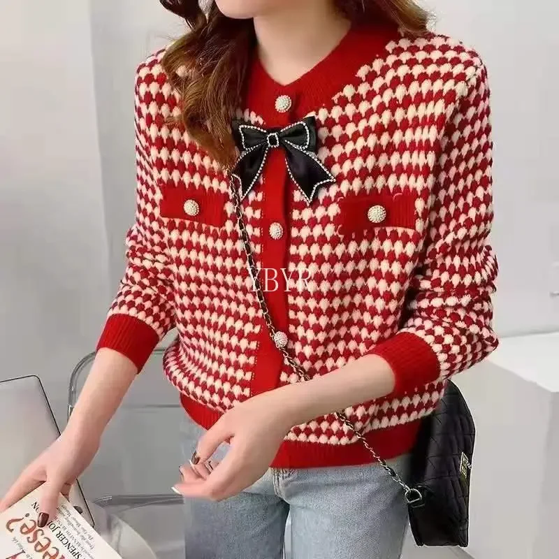 Трикотажный кардиган с круглым вырезом и бантом женский свитер цветными блоками