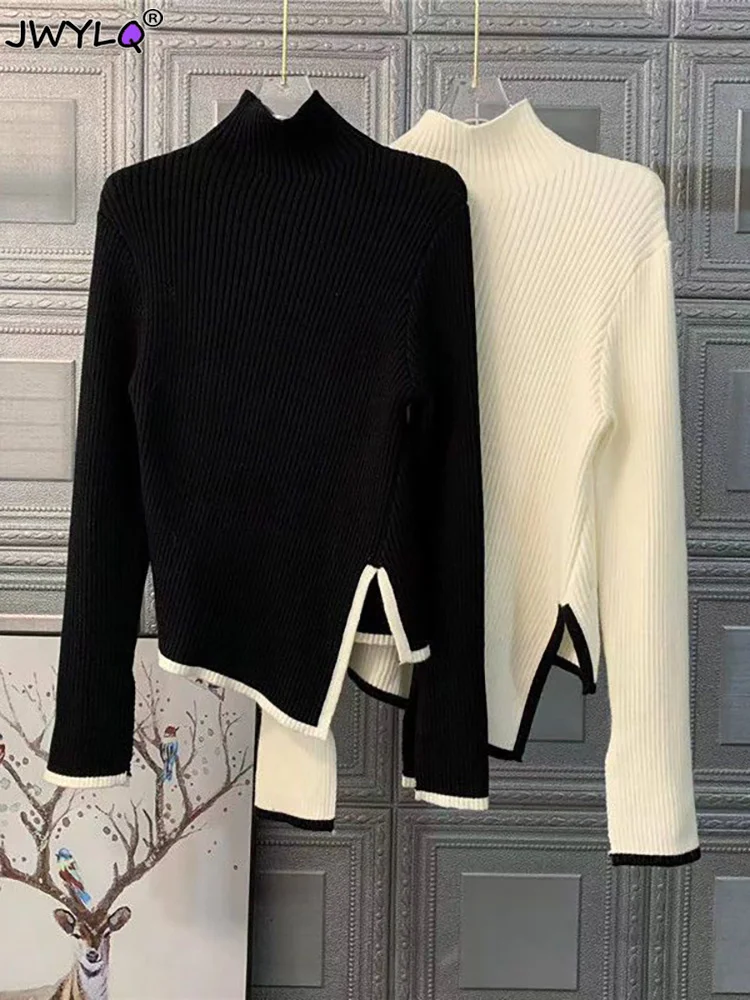 

Fashion Korean Irregular Slim Long Sleeve Top Pullover Womens Autumn Black Turtleneck Solid Color Knit Top Vintage Clothes 90s