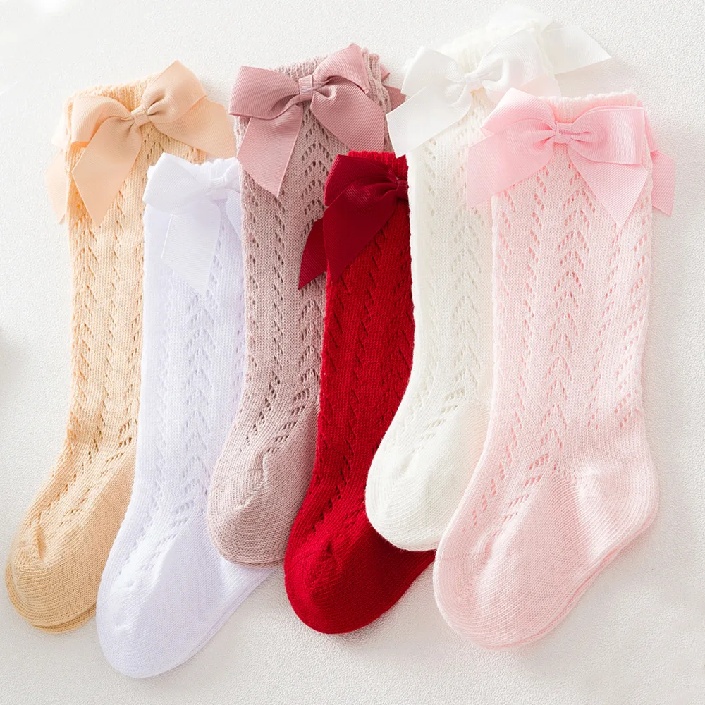 

2022 Summer Autumn Children Kids Solid Bow Mesh Hollow Out Lolita Style Knee High Stockings Baby Girls Spanish Long Socks