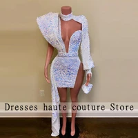 sexy white sequin slit prom dresses one shoulder celebrity party dress lllusion mermaid cocktail homecoming gowns