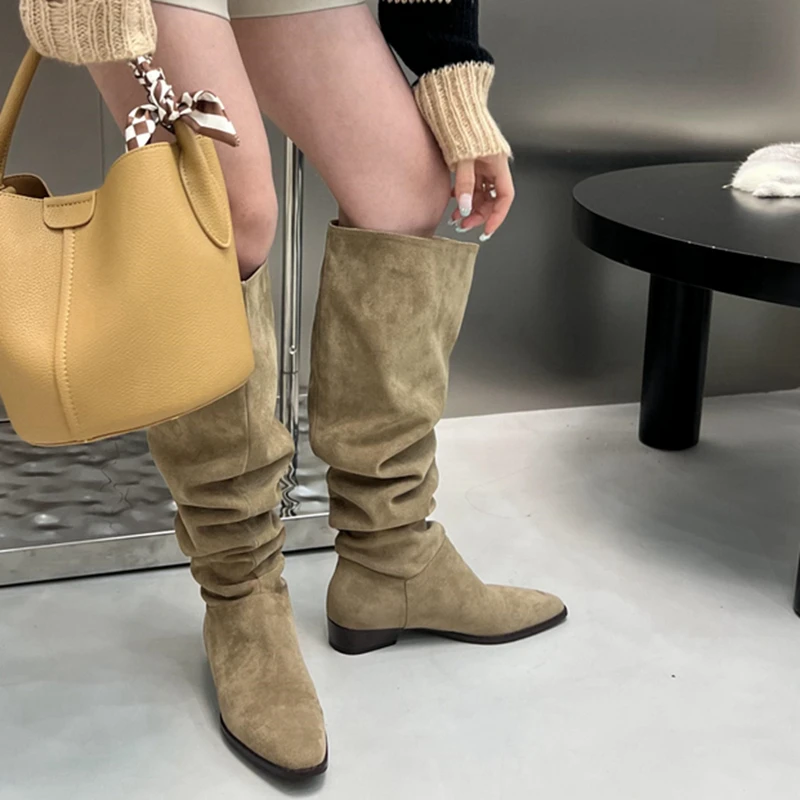 

Женские Плиссированные сапоги до колена, на низком каблуке, с тонким носком