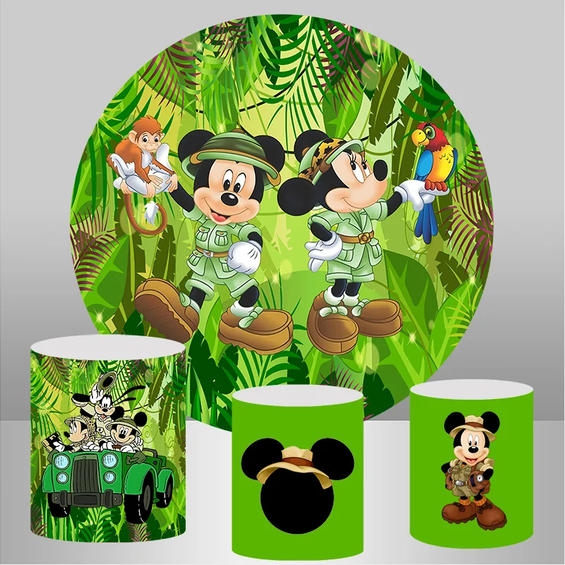 

Safari Jungle Circle Backdrop Mickey Mouse Wild Forest Kids 1st Birthday Baby Shower Round Background Table Covers Party Decor