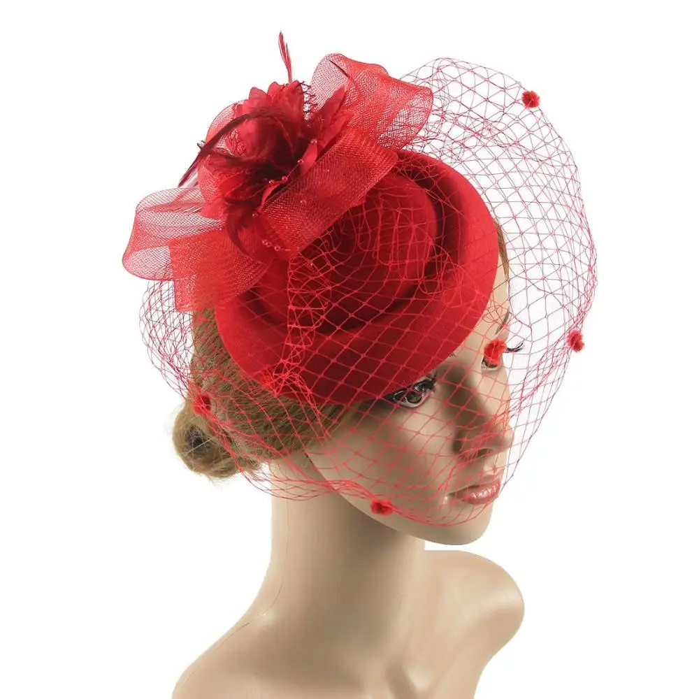 

Women Cocktail Tea Party Veil Mesh Feathers Flower Headband Fedoras Hat Hair Clip Fascinators Hat
