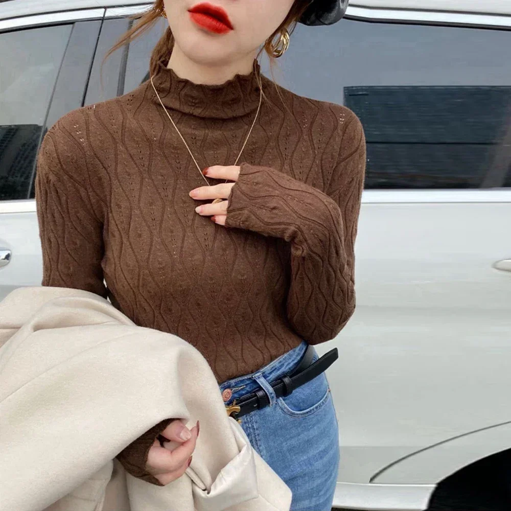 Рубашка с высоким воротником и длинными рукавами пуловер женский вязаный свитер