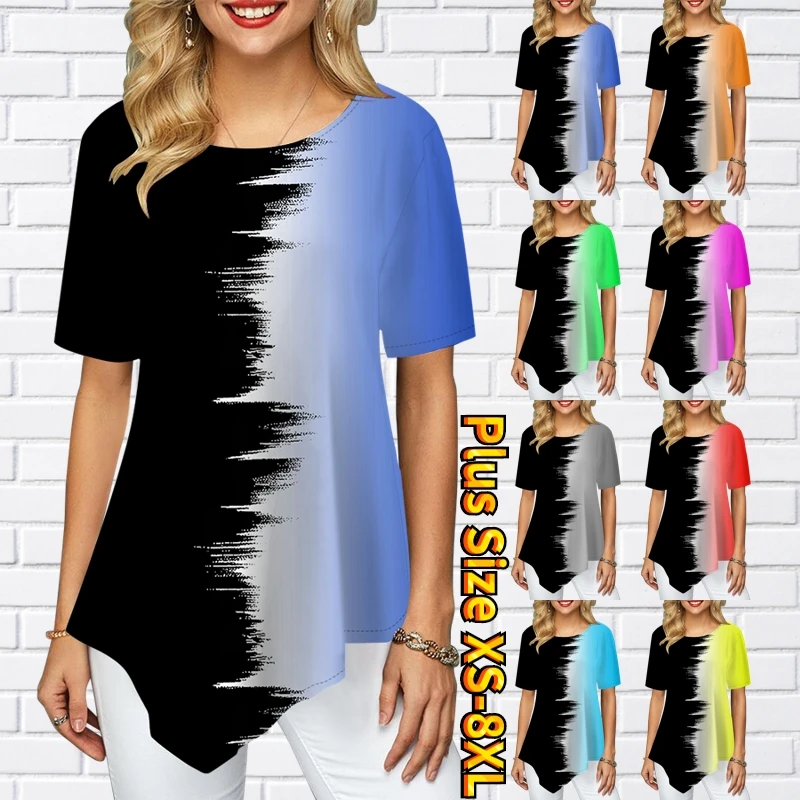 

Female Young and Beautiful Pointed Skirt Swing Short Sleeve Women's T-Shirt Gradient Contrast Color Printed Round Neck XS-8XL