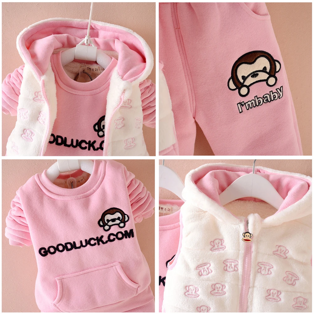 Baby Suits Coat Pants Hooded Vest Set for Toddlers Cartoon Animals Flannel Cotton Clothing Winter Girls 3-Piece Warm Outfits