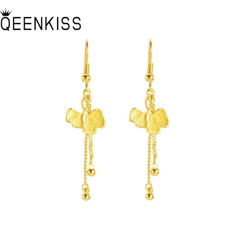 QEENKISS золотые винтажные длинные серьги-капли с гинкго для женщин свадебная