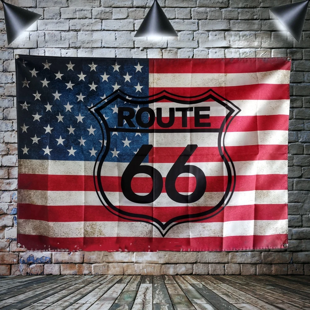 

Route 66 Motorcycle Biker Rider Retro USA Flag Banner Art Home Decoration Hanging flag 4 Gromments in Corners Canvas Painting