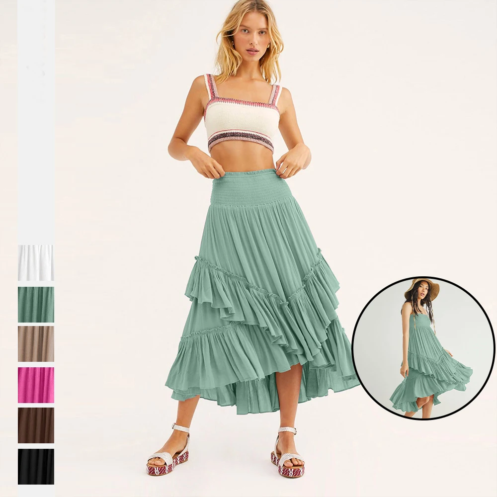 

High Waisted Asymmetric Pleated Skirt Fashion Cascading Ruffle Long Skirt Women Loose Solid Irregular Casual Beach Party Skirt