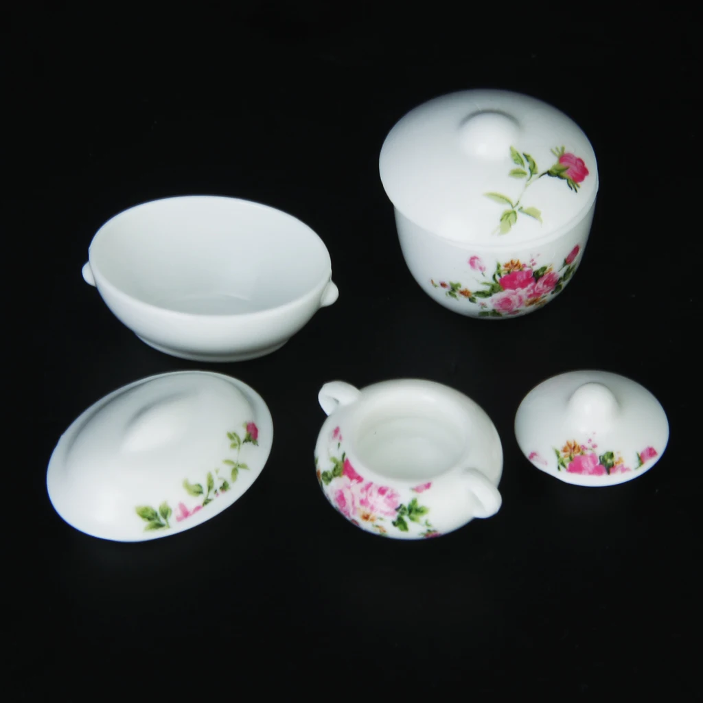 

3 Pcs Dollhouse Kitchen Miniature Tableware Bowl with Lid Floral Pattern