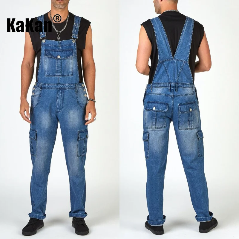 Kakan - European and American New Street Trendsetter Multi Pocket Men's Suspender Jeans, Blue Suspender Jumpsuit Jeans K34-667