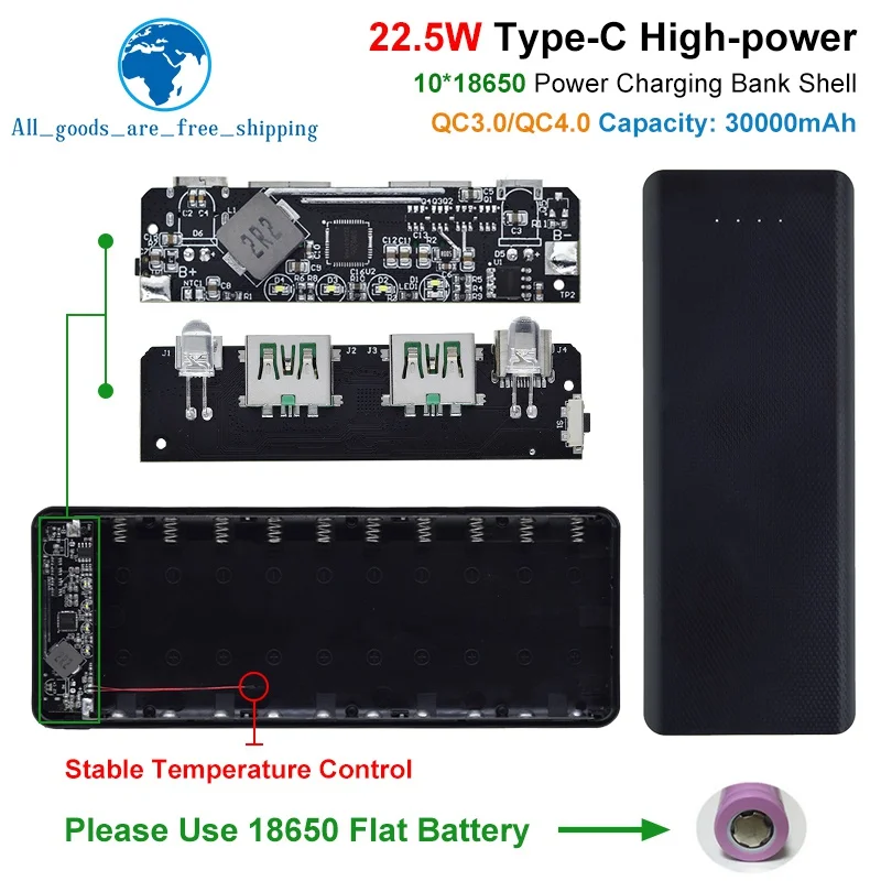 

QC4.0 QC3.0 Dual USB Micro/Type-C USB 10*18650 Power Bank Battery Box 5V 4.5A 22.5W 30000mAh Mobile Phone Charger DIY Shell Case