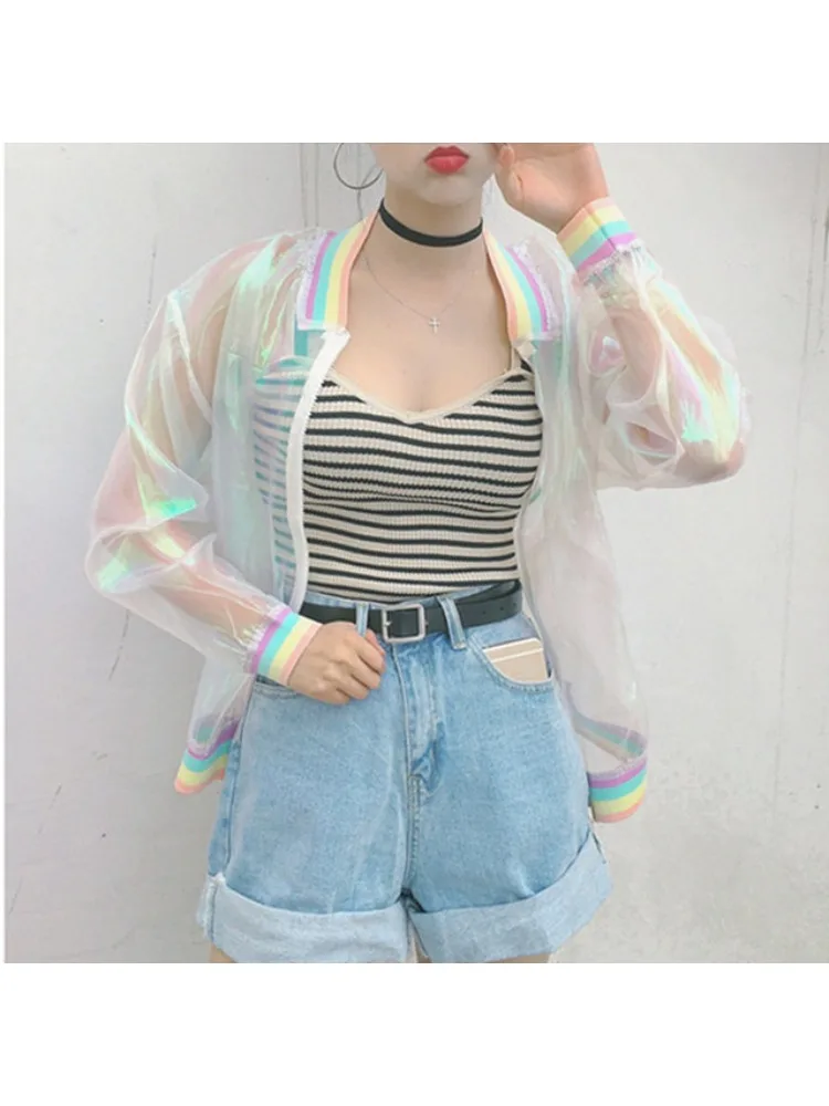 

Harajuku Summer Women Jacket Laser Rainbow Symphony Hologram Women BasicCoat Clear Iridescent Transparent Bomber Jacket Sunproof