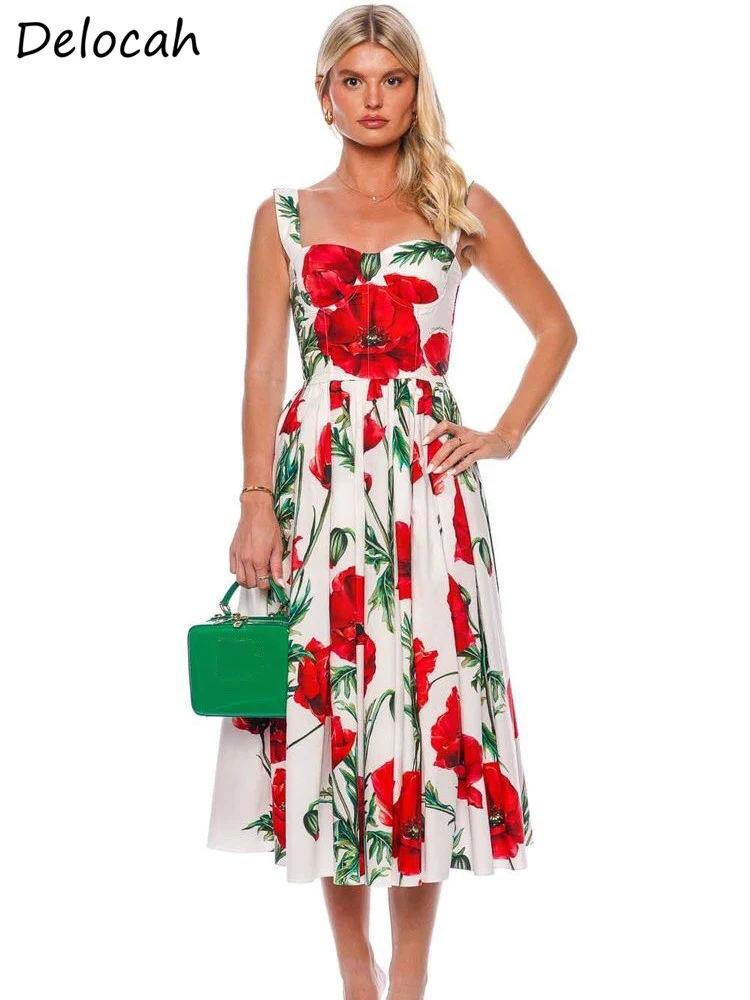 Delocah High Quality Summer Women Fashion Designe Dress Square Collar Spaghetti Strap Sashes A-Line Midi Dress