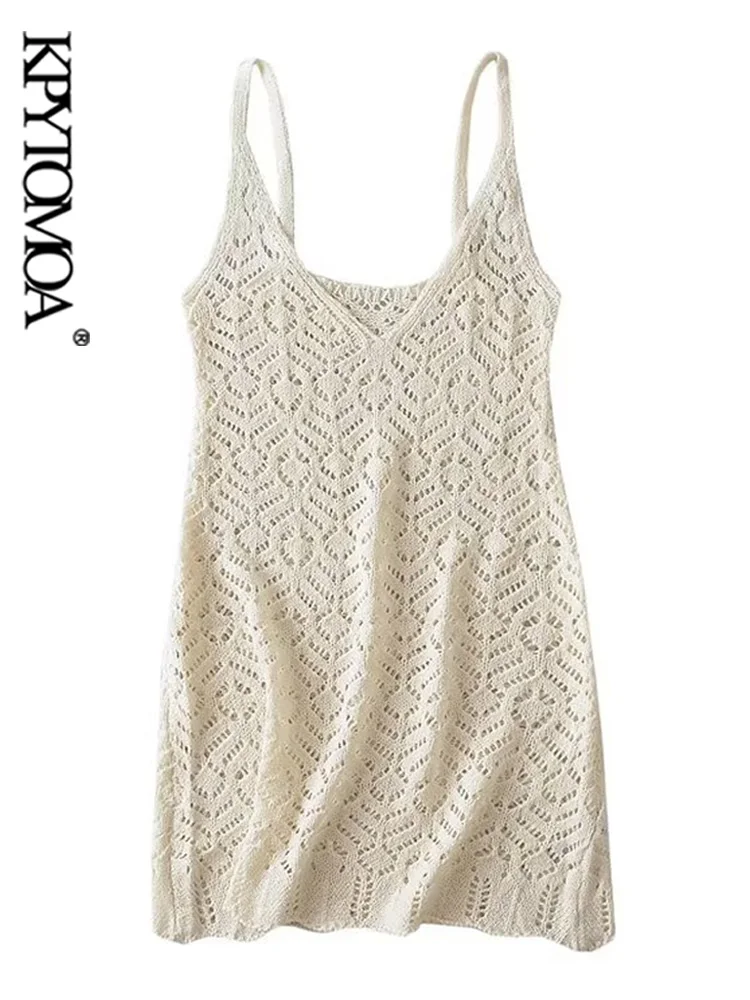 

KPYTOMOA Women Fashion Pointelle Knit Mini Dress Sexy V Neck Thin Straps Female Dresses Vestidos Mujer