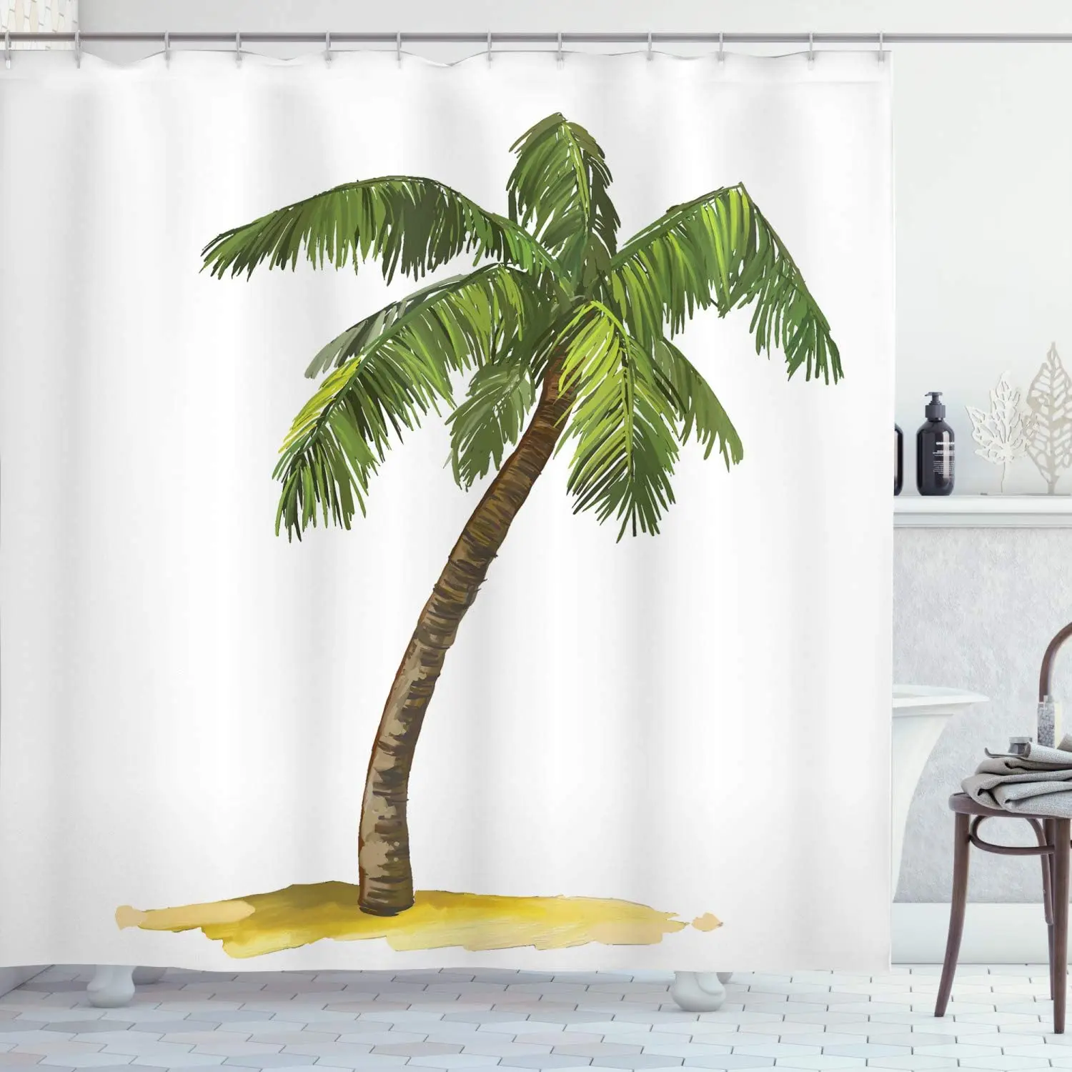 

Beach Palm Tree Shower Curtains Cartoon Watercolor Plant Leaves Modern Print Fabric Bath Curtain Home Simple Bathroom Decor Sets