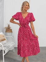 women casual all over print v neck puff sleeve vacation a line midi dress