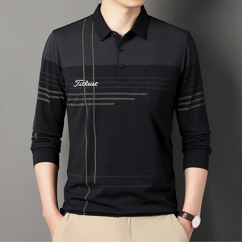 Spring/Autumn New Men's Golf Clothing Lapel Long Sleeve Middle-aged POLO Shirt Striped Casual Jacket