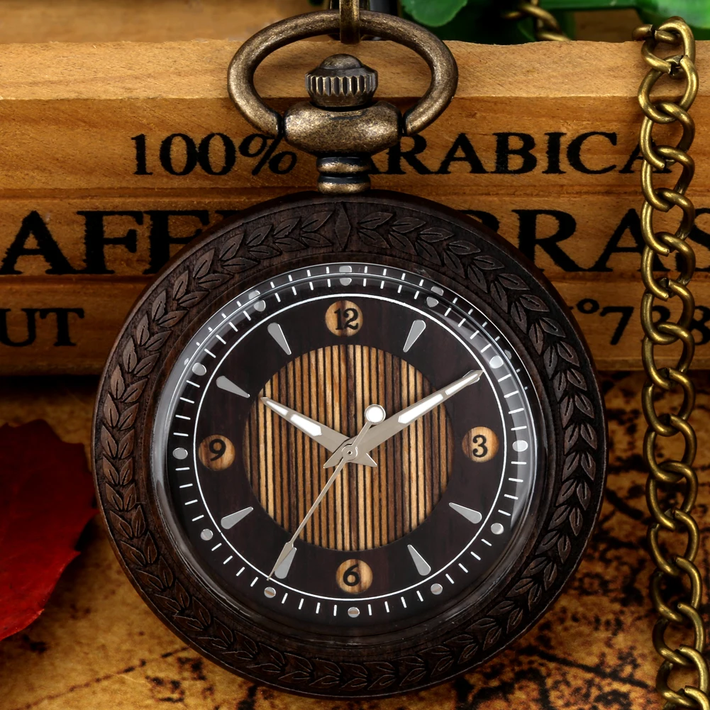 Zebra Wood Pocket Watch Necklace Luxury Gifts for Men Women Analog Fob Chain Quartz Watch Vintage Pendant Reloj De Bolsillo