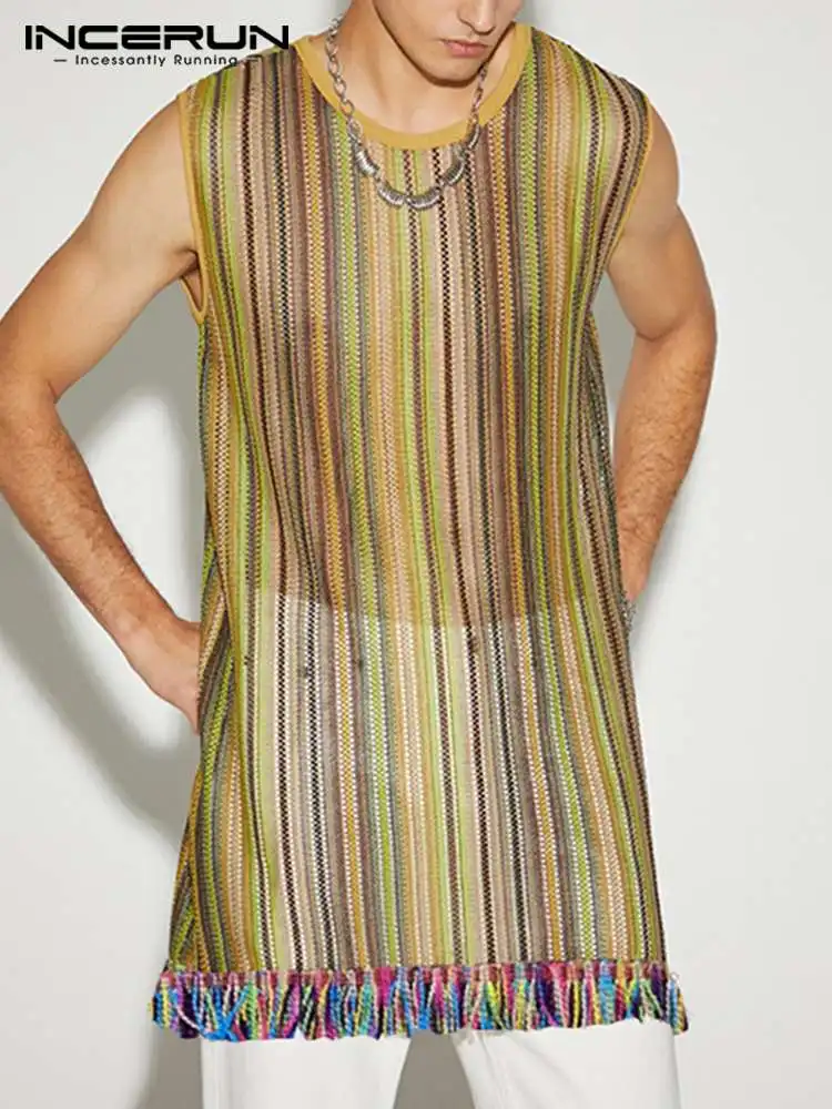 

Майка INCERUN мужская с круглым вырезом, полосатая Просвечивающая уличная одежда без рукавов, повседневный длинный стильный топ с бахромой, жи...