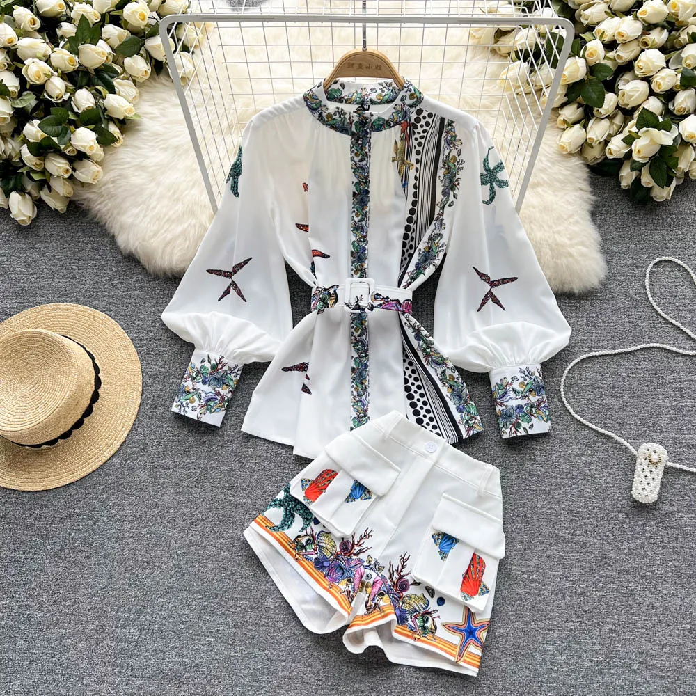 

Women's New Fashion Long Sleeve Printed Stand Collar Shirt + Wide Leg Shorts Two Piece Sets G852
