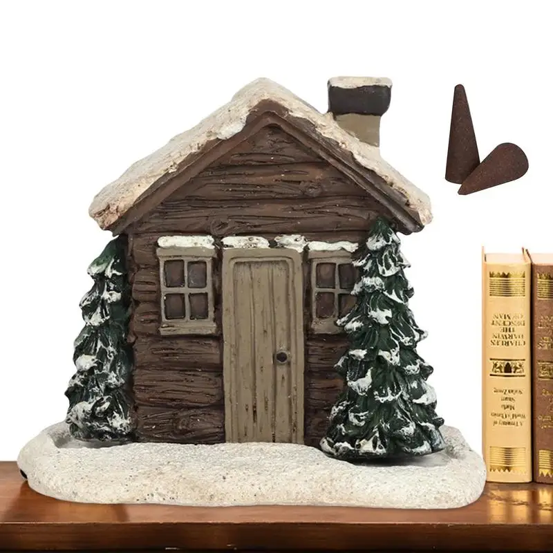 

Log Cabin Incense Cone Burner Resin Statue Table Centerpiece Christmas Chimney Hut Incense Cone Burner with 2 Incense Cones