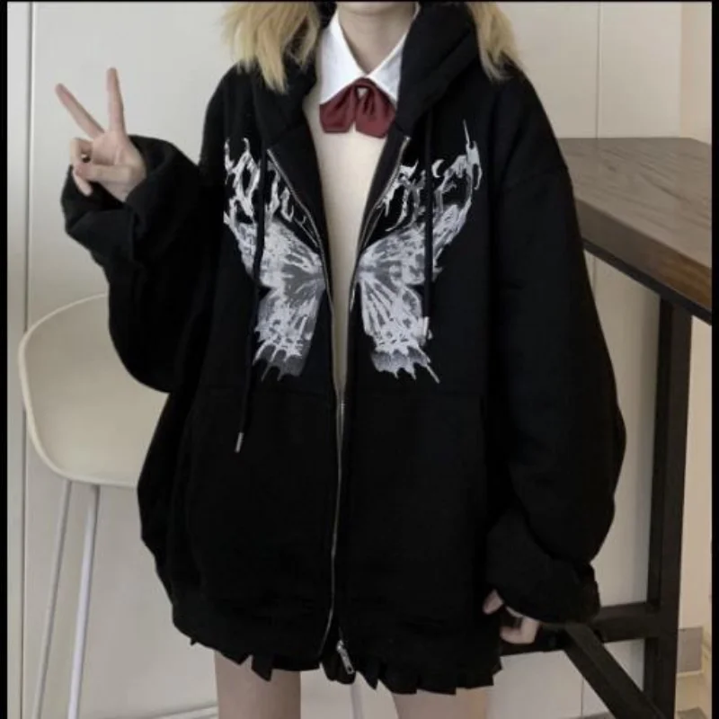 

Black Harajuku Y2K Cropped Jackets Women Butterfly Print Goth Grunge Zip Up Hoodies Vintage Fairycore Gothic Sweatshirts 2022