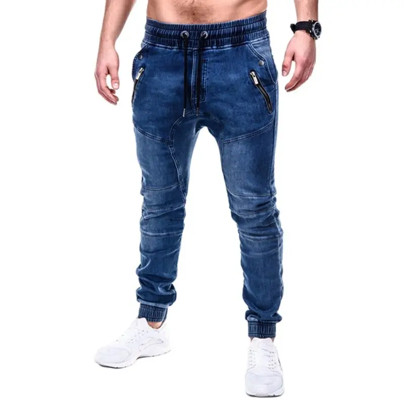 

Classics Blue Jeans Mens Denim Cotton Pants Causal Vintage Cargo Pants Drawstring Stretchy Pencil Jeans Male Zipper Ornament