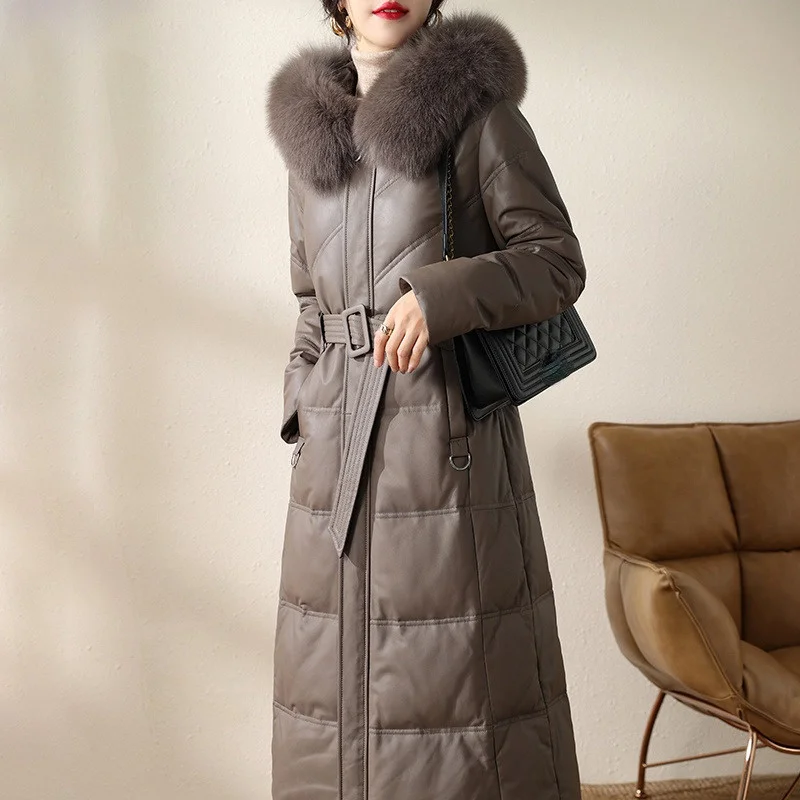 

Женское пальто из натуральной овечьей кожи, длинная парка с капюшоном и воротником из лисьего меха, зимний пуховик, 2023