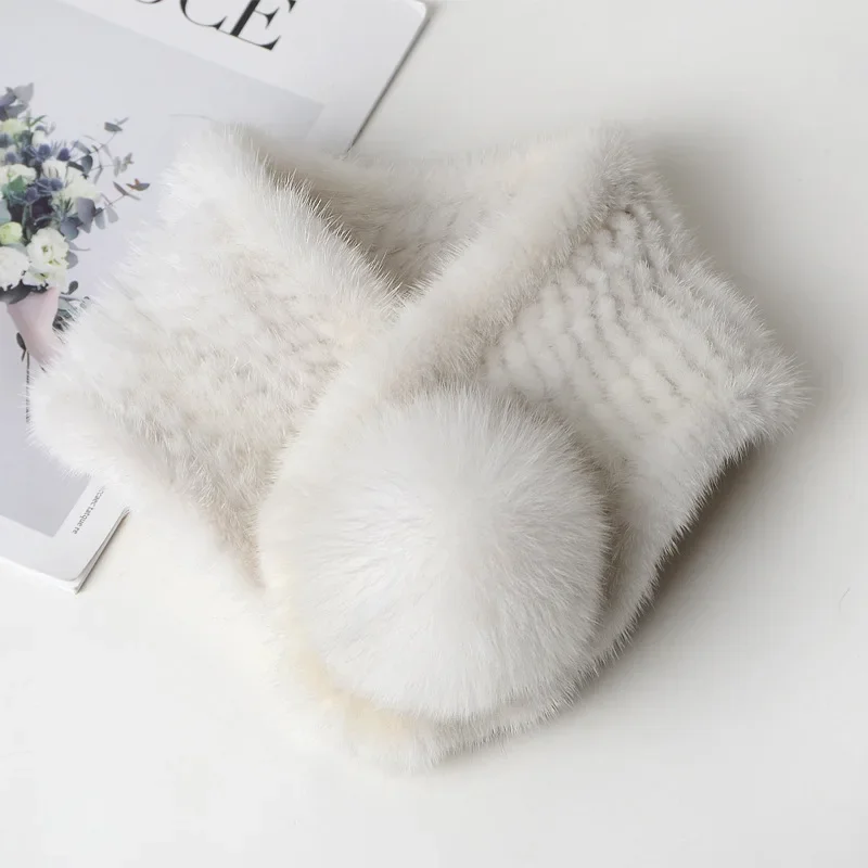 Норковый шарф из меха тканый женский зимний крест открытый