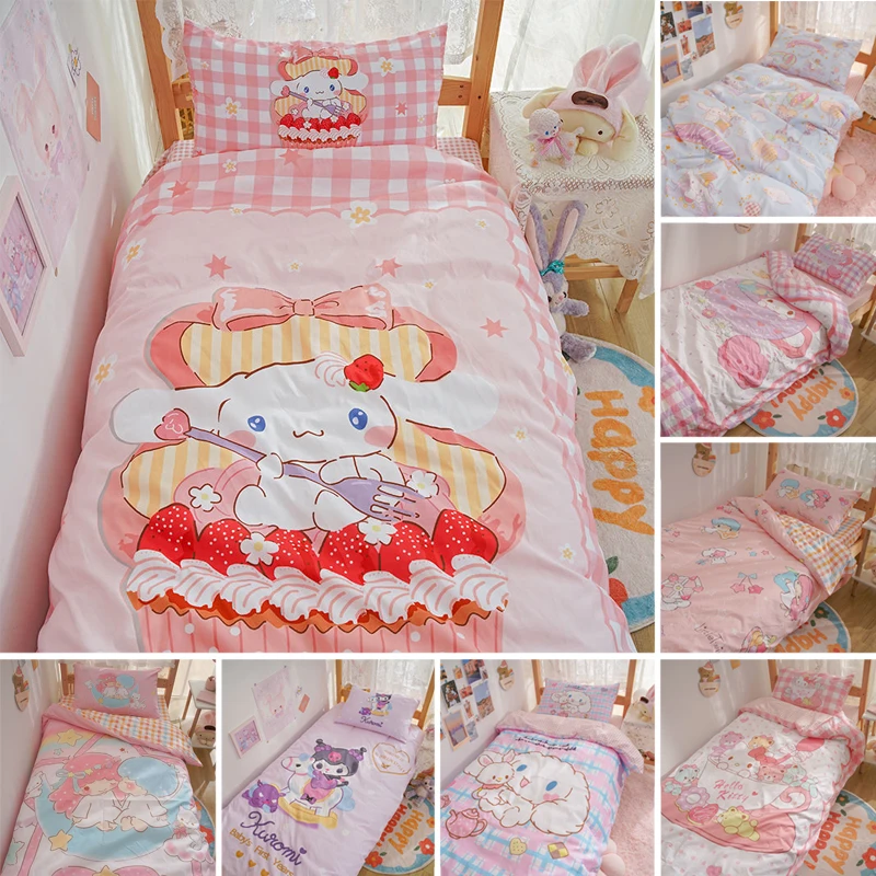 Sanrio Hello Kitty Kuromi Cinnamoroll Bedding Set Four Piece Bedding Double Pillowcase Bed Linens Dorm Bedclothes Home Textile