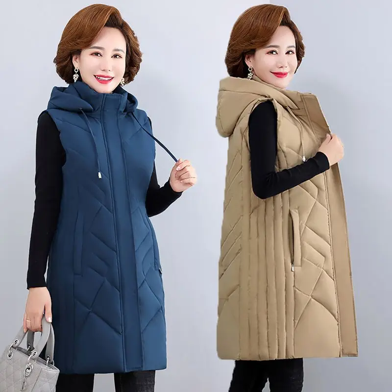 

New 2023 Autumn Winter Vest Waistcoat Women Parkas Mid-Long Hooded Sleeveless Down Cotton Jacket Thick Warm Female Vests V248