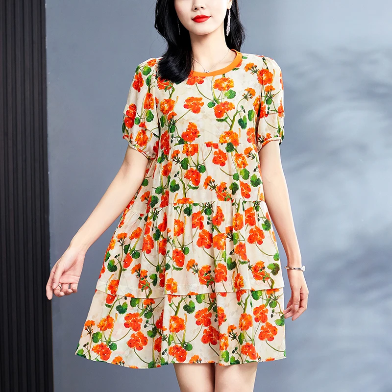 2023 Summer Women's Dresses Elegant Chic O-neck Short Sleeve High Waist 100% Real Silk Floral Printed Women A-line Dress Casual