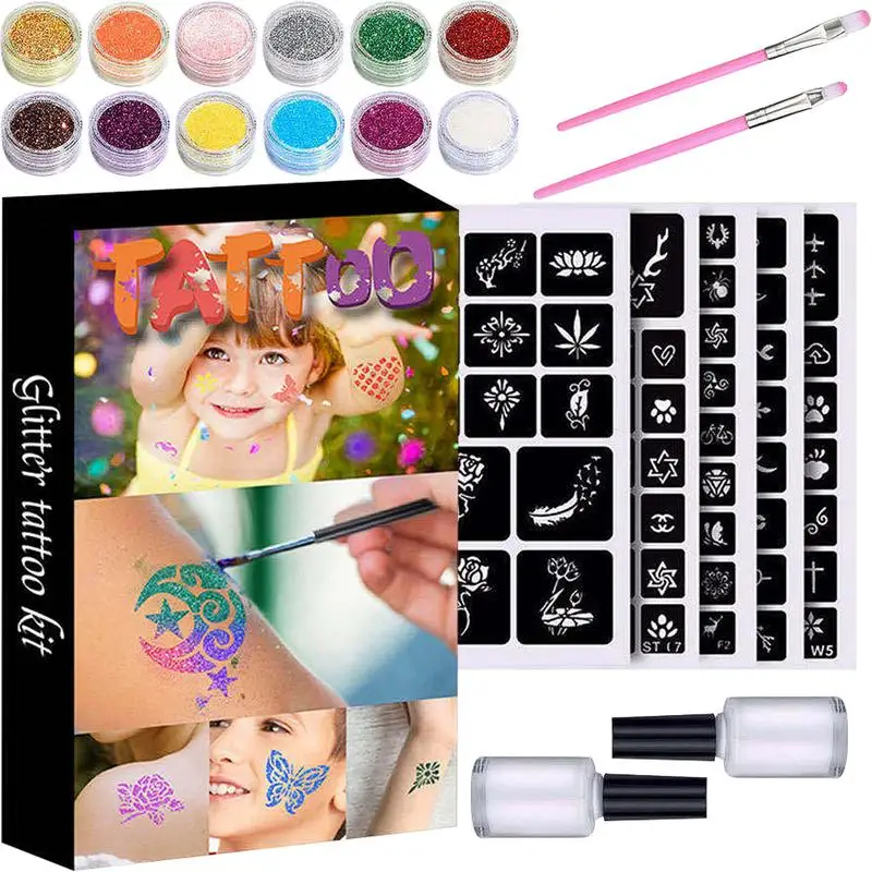 

Glitter Tatto Kit 120 Pattern Stencils Temporary Tatto Easy To Use 5 Tatto Stencils 2 Brushes For Kids Teens Adults