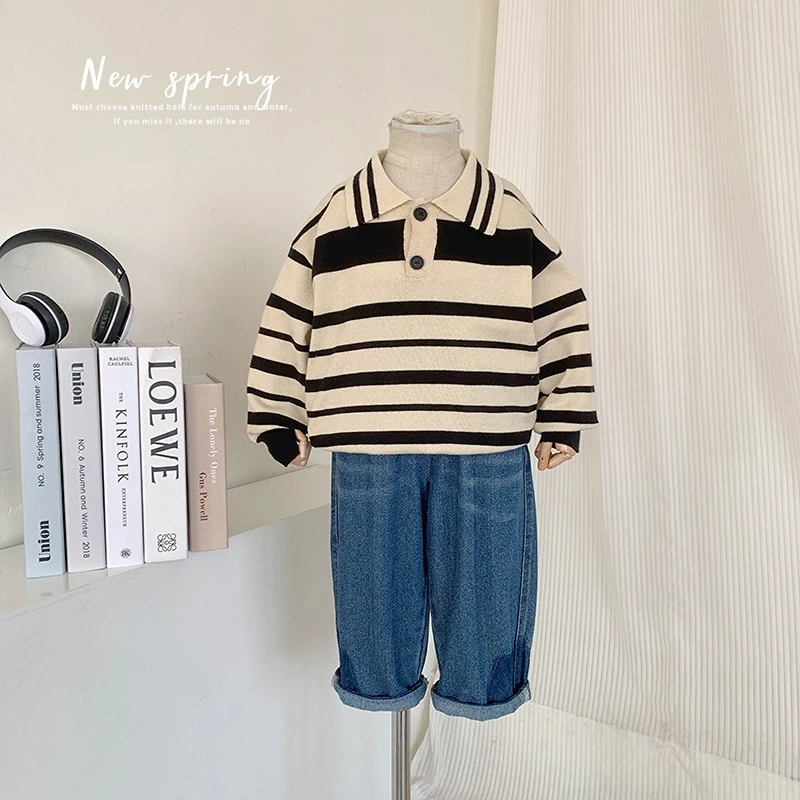 

Детская одежда, Новинка Весна 2023, Детский свитер в Корейском стиле, повседневный простой свободный стильный свитер в полоску для мальчиков, ...